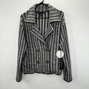 Rachel Zoe Sweater Coat Blazer M Black White Woven Knit Button Dbl Breasted NWT